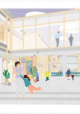  Die Grafik in Pastellfarben zeigt den Innenraum eines Foyers, in dem eine Frau ein Kind im Kreis dreht, eine andere mit einem Kind an der Hand läuft und zwei auf einer verglasten Brücke stehend, zwei auf einer Treppe sitzend sowie Pflanzen, Bälle usw.