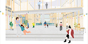 Die Grafik in Pastellfarben zeigt den Innenraum eines Foyers, in dem eine Frau ein Kind im Kreis dreht, eine andere mit einem Kind an der Hand läuft und zwei auf einer verglasten Brücke stehend, zwei auf einer Treppe sitzend sowie Pflanzen, Bälle usw.