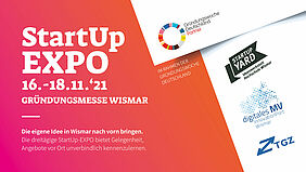 Es ist die Faltblattvorderseite zur StartUp-Expo vom 16. bis 18.11.2021 zu sehen.