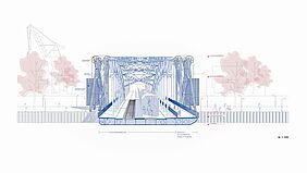 Es ist ein Zeichnung zu sehen, die einen Schnitt durch die Brücke und damit die verschiedenen Bestandteile zeigt.
