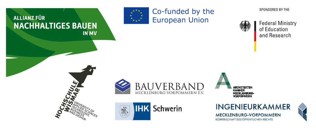 The image displays a collection of logos from various organizations and institutions involved in the "Alliance for Sustainable Building in Mecklenburg-Vorpommern (MV)."  Top Row:  Left: The logo of the "Alliance for Sustainable Building in MV" in shades of green and blue. Center: The European Union logo with the text "Co-financed by the European Union." Right: The logo of the Federal Ministry of Education and Research (BMBF) of Germany. Bottom Row:  Left: The logo of Hochschule Wismar, in black and white, with the text "University of Applied Sciences: Technology, Business, and Design." Center: The logos of the Bauverband Mecklenburg-Vorpommern e.V. (Construction Association), the Schwerin Chamber of Industry and Commerce (IHK), the Chamber of Architects of Mecklenburg-Vorpommern, the Chamber of Engineers of Mecklenburg-Vorpommern, and another logo that is not clearly identifiable. These logos represent the key partners and sponsors of the "Alliance for Sustainable Building MV" project.