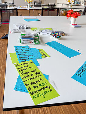 Auf einem Tisch leigen vile Stifte und steht ein Blumenstrauß. Auffällig sind die grünen und blauen Zettel, auf denen englische Texte in scharzer Schrift stehen.