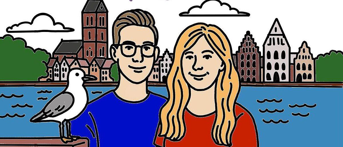 in der Grafik sind zwei PErsonen zu sehen, die im Wismarer Hafen stehen. Links von ihnen sitzt eine Möwe, dahinter sind als Silhouette typische Wismarer GEbäude zu sehen.