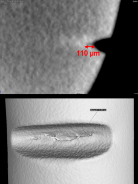 Es sind zwei Graustufenbilder zu sehen, auf denen einmal ein Riss in der Draufsicht auf eine Federwindung sowie eine Kerbe Riss) im Querschnitt zu erkennen sind.