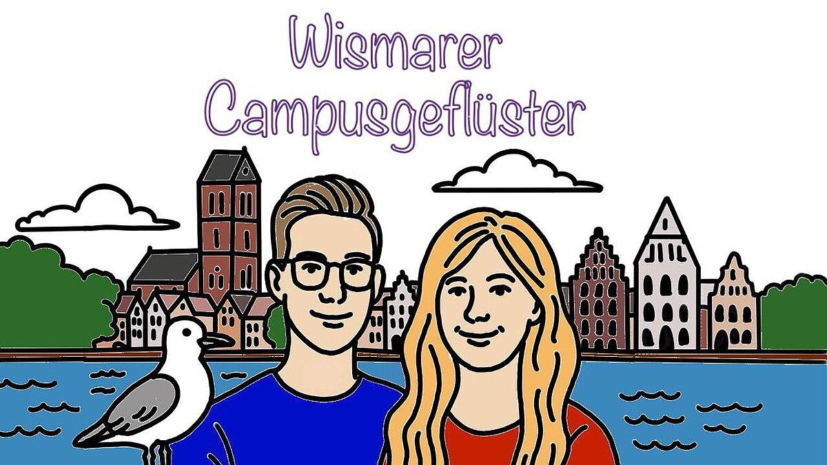 in der Grafik sind zwei PErsonen zu sehen, die im Wismarer Hafen stehen. Links von ihnen sitzt eine Möwe, dahinter sind als Silhouette typische Wismarer GEbäude zu sehen.