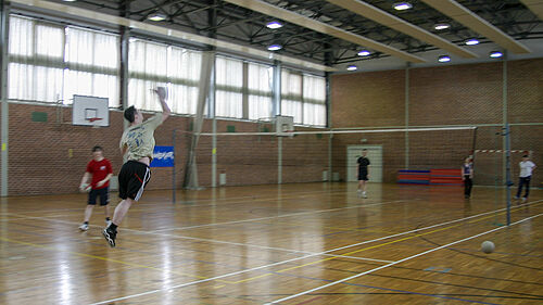 Es ist ein Student von hinten im Sprung zu sehen, der gerade den Volleyball über das Netz schlägt. Das Bild wurde in der Sporthalle aufgenommen.